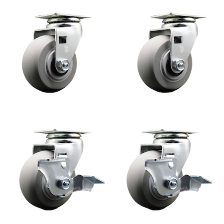 Service Caster 4 Inch Thermoplastic Rubber Swivel Caster Set with Roller Bearings 2 Brakes SCC-20S420-TPRRD-2-TLB-2